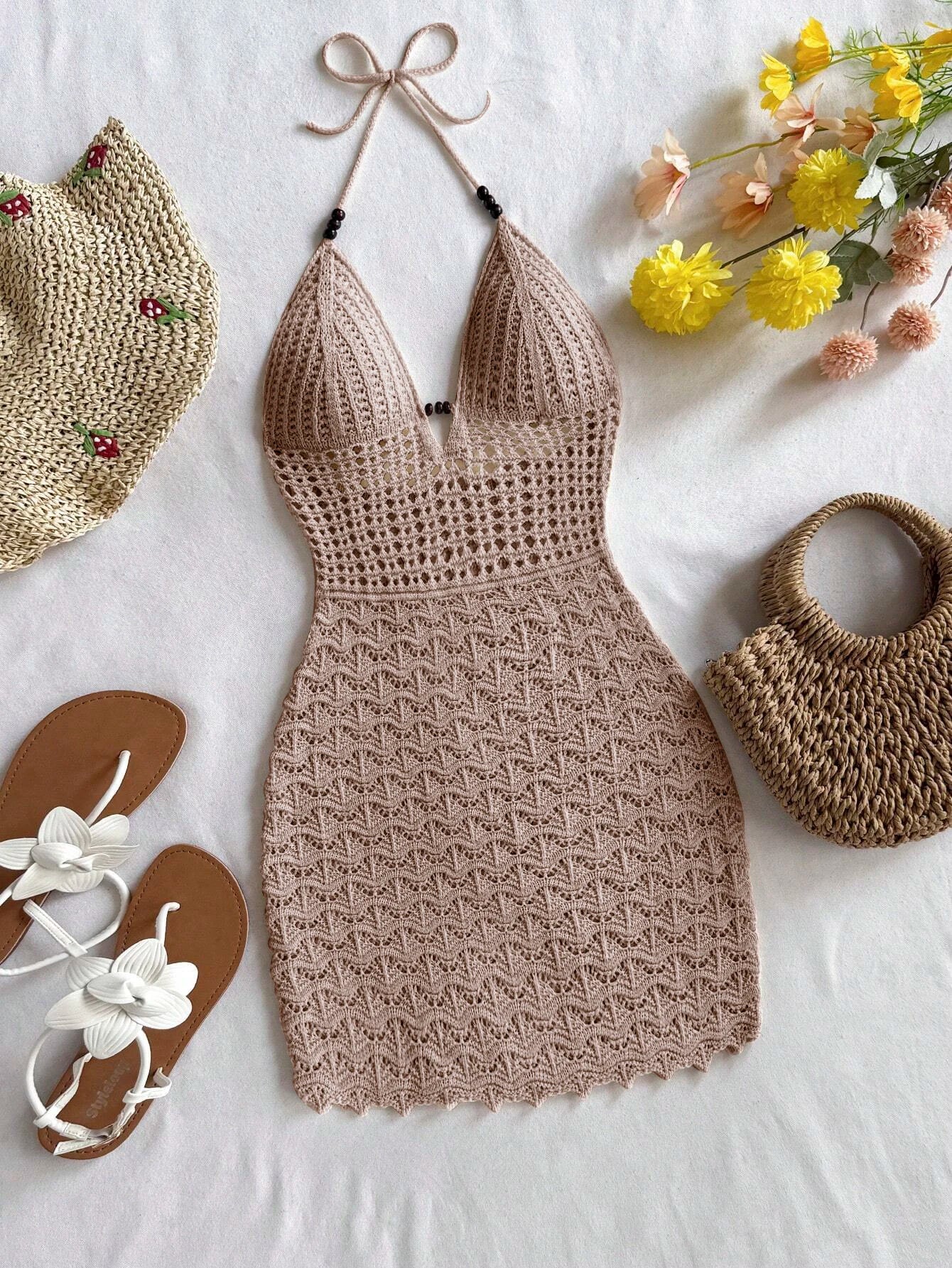 Summer sexy V-neck hollowed out wooden bead slim fit dress with vacation straps and strapless gradient color knitted dress