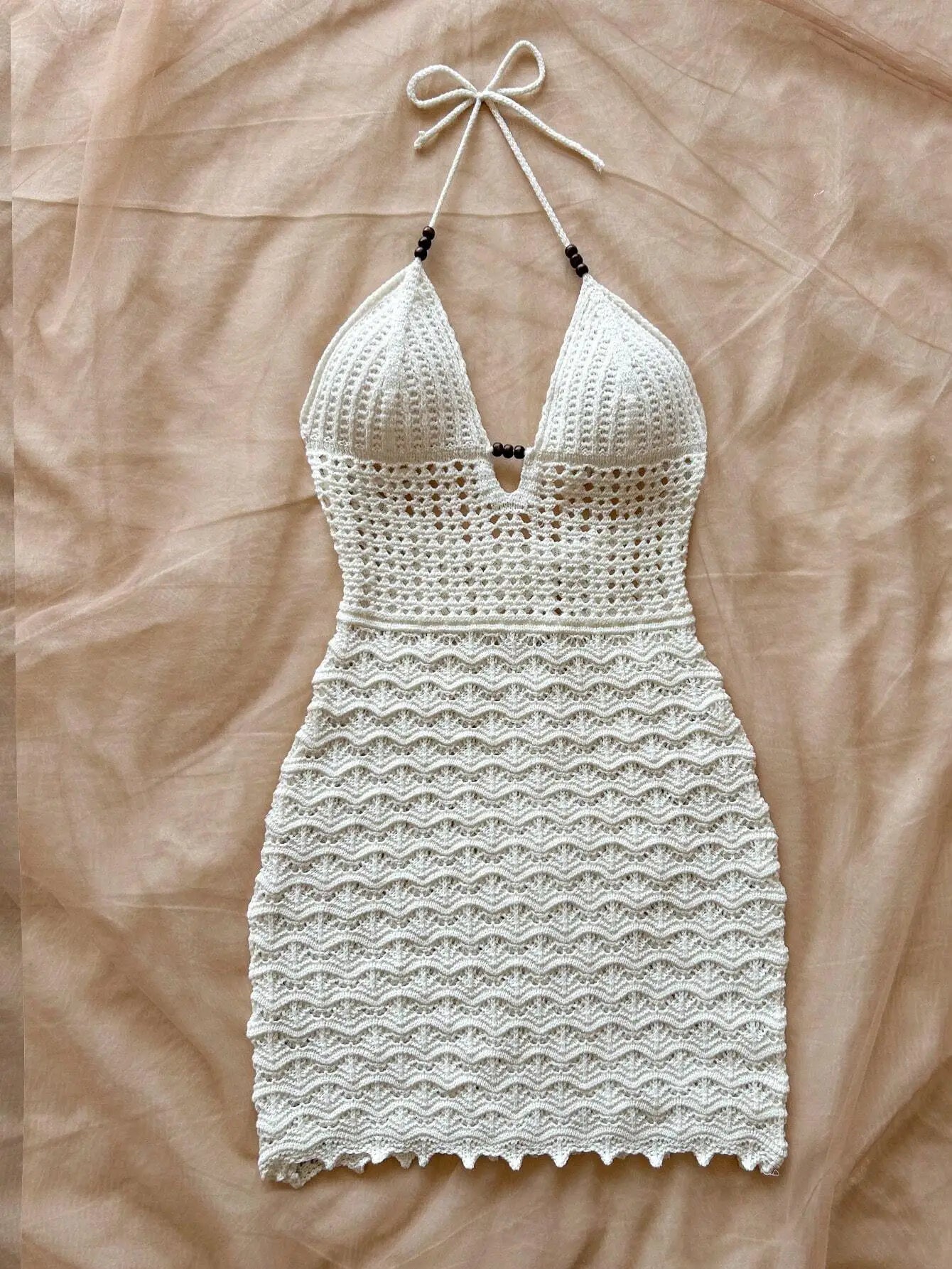 Summer sexy V-neck hollowed out wooden bead slim fit dress with vacation straps and strapless gradient color knitted dress