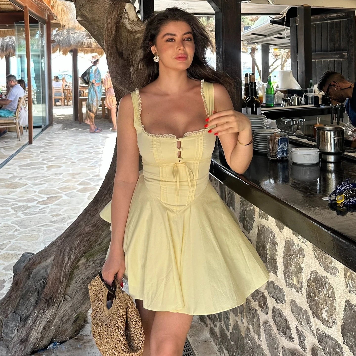 Summer Lovely Dress Yellow Sexy Party Dresse Hollow Out Lace Up Elegant