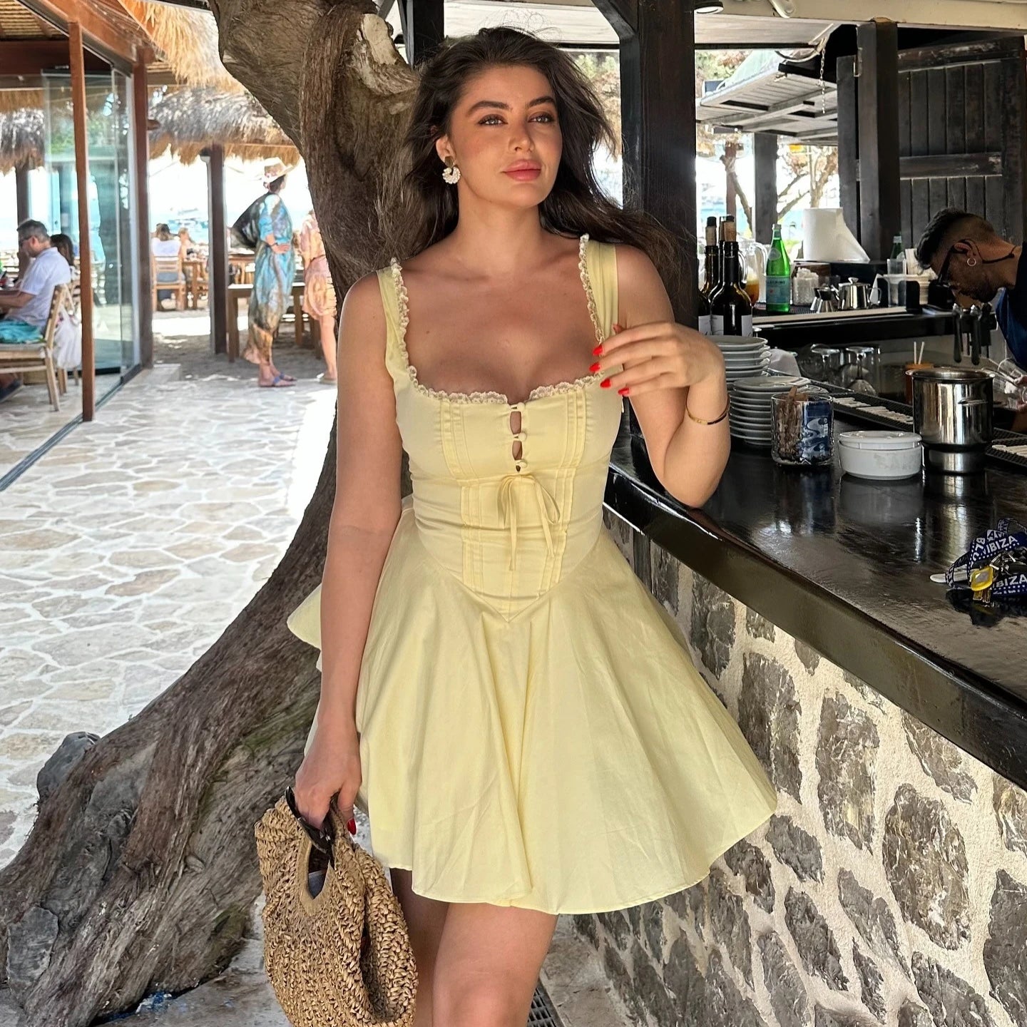 Summer Lovely Dress Yellow Sexy Party Dresse Hollow Out Lace Up Elegant