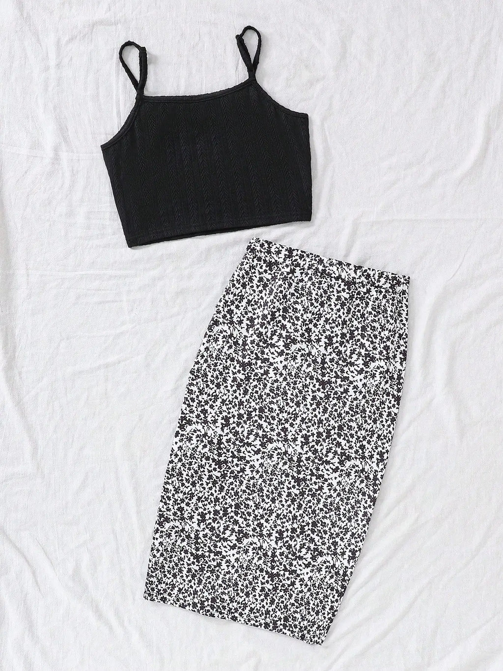 Knit Camisole Top And Ditsy Floral Wrap Skirt Set Vacation Outfit