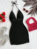 Summer sexy V-neck hollowed out wooden bead slim fit dress with vacation straps and strapless gradient color knitted dress