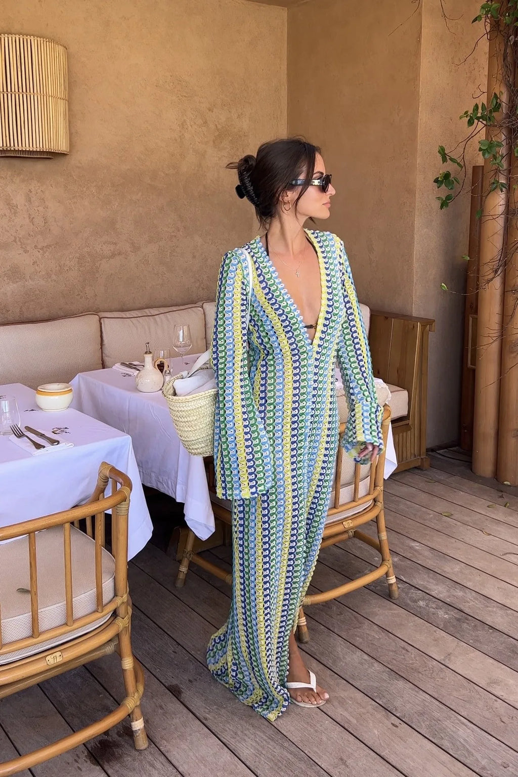 Crochet Colorful Stripe Maxi Dress Women Flare Sleeve V-neck High Split Sexy Long Dresses 2025 New Autumn Beach Banquet Vestidos