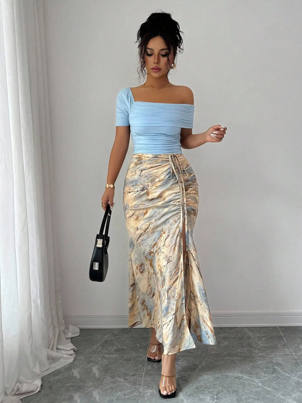 2-Piece Women's Set: Off-Shoulder Ruched Top & Marble Print Side Slit Skirt