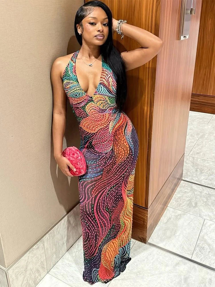 Diamond Print Dress Women Backless Split Colorful Halter Sexy Deep V-Neck Elegant