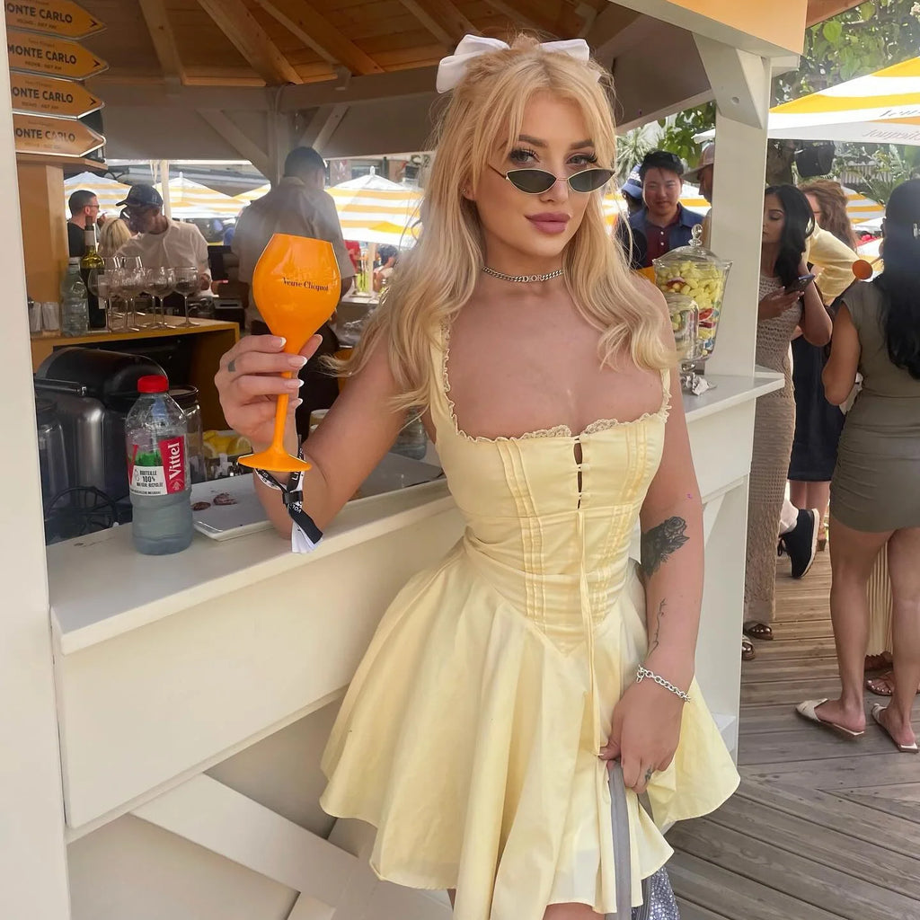 Summer Lovely Dress Yellow Sexy Party Dresse Hollow Out Lace Up Elegant