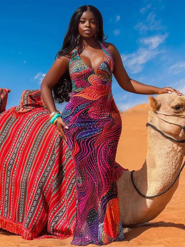 Diamond Print Dress Women Backless Split Colorful Halter Sexy Deep V-Neck Elegant