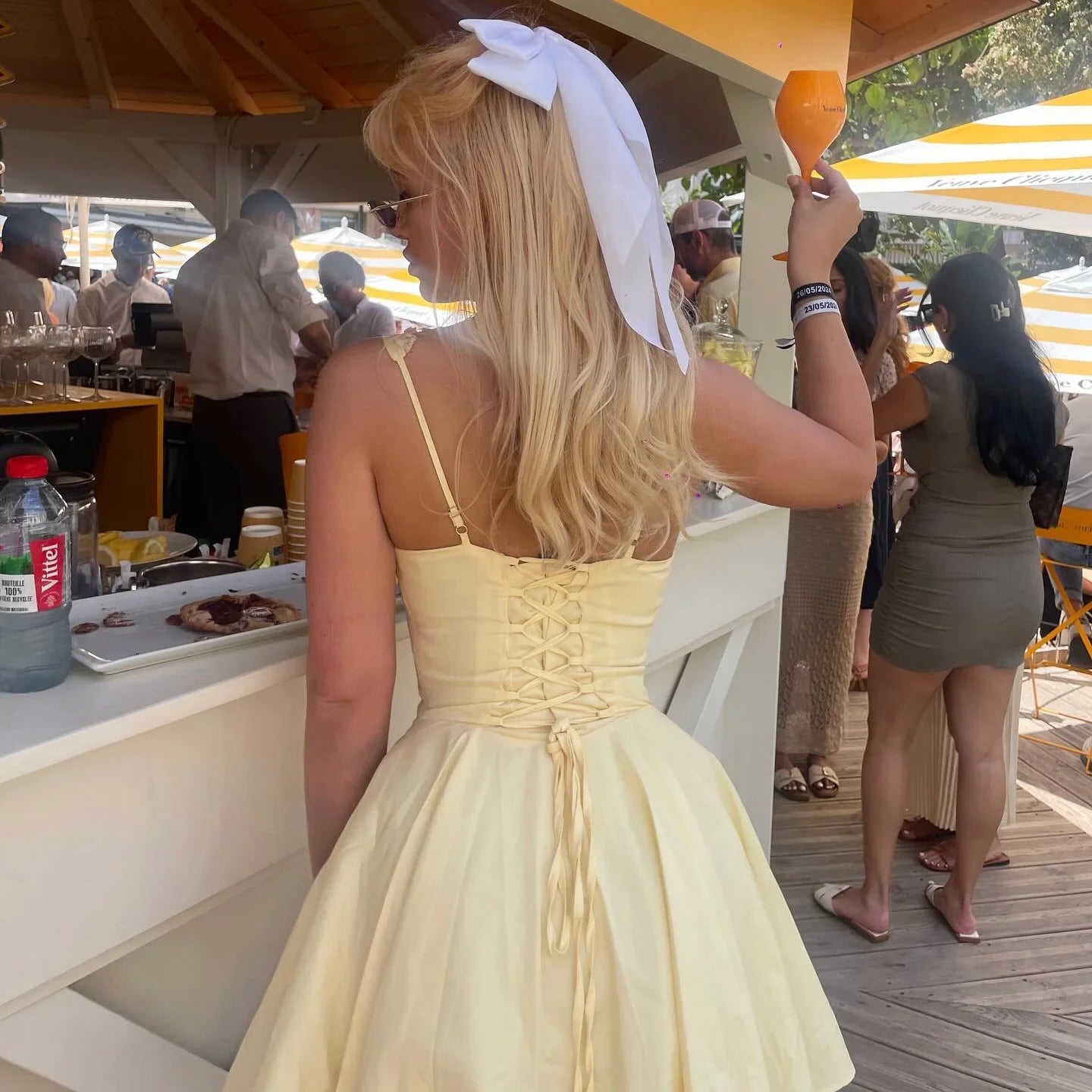Summer Lovely Dress Yellow Sexy Party Dresse Hollow Out Lace Up Elegant